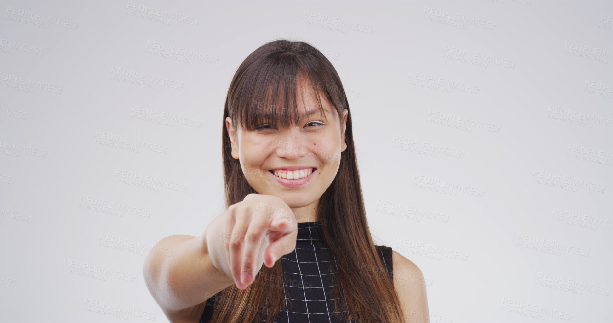 Buy stock photo Portrait, pointing to you and woman in studio, selection and confidence on white background. Face, hand gesture and person with happiness, decision and encouragement with choice, emoji or opportunity