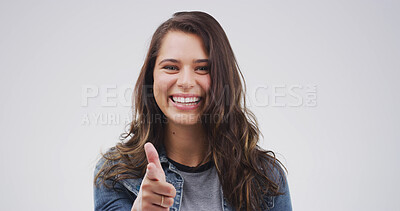 Buy stock photo Portrait, pointing to you and woman in studio, support and encouragement on white background. Mockup space, gesture and person with happiness, selection and decision with choice and accountability