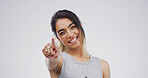 Portrait, pointing to you and woman in studio, motivation and encouragement on white background. Mockup space, gesture and person with happiness, selection and decision with choice, smile and support