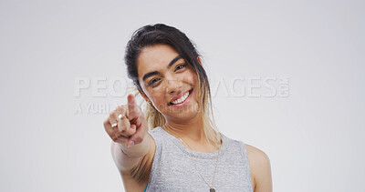 Buy stock photo Portrait, pointing to you and woman in studio, motivation and encouragement on white background. Mockup space, gesture and person with happiness, selection and decision with choice, smile and support