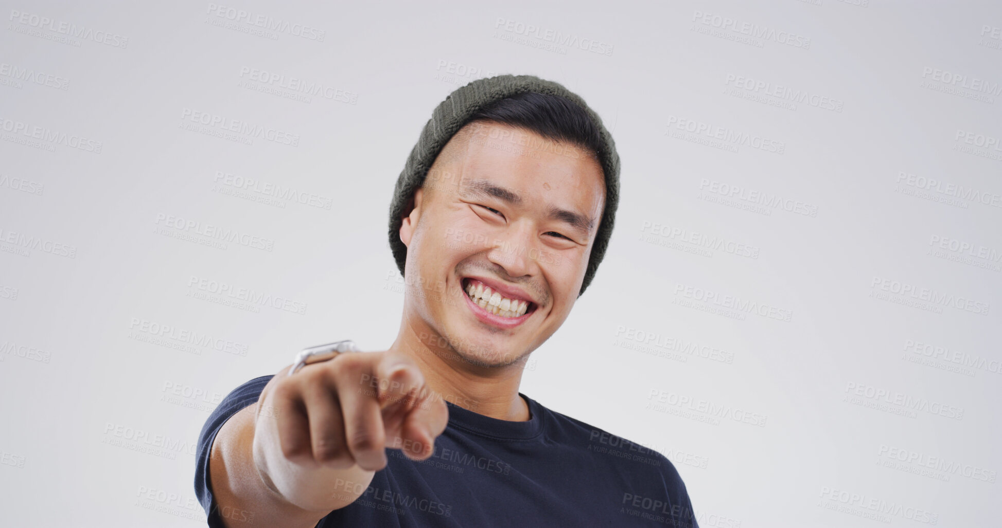 Buy stock photo Portrait, pointing to you and man in studio, decision and encouragement on white background. Mockup space, gesture and Asian person with accountability, motivation or choice with selection or support