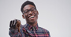 Black man, student and point at you in studio portrait, mockup space or recruitment on white background. African person, smile and gesture for welcome, decision and college education in Nigeria
