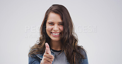 Buy stock photo Pointing, you and portrait of woman in studio with smile for selection, decision and choice for winner. Mockup space, happy and person with emoji, gesture and finger for vote on white background