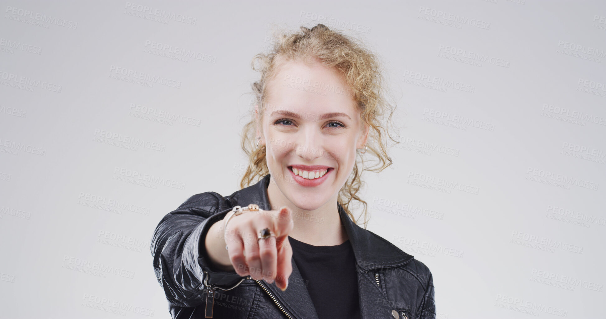 Buy stock photo Pointing, you and portrait of woman in studio with hands for selection, decision and choice for winner. Mockup space, happy and person with emoji, gesture and finger for vote on white background
