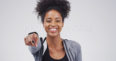 Buy stock photo Woman, happy and point at you in studio portrait, choice or fitness with mockup space on white background. African girl, personal trainer and gesture for gym sign up, registration and smile in Kenya