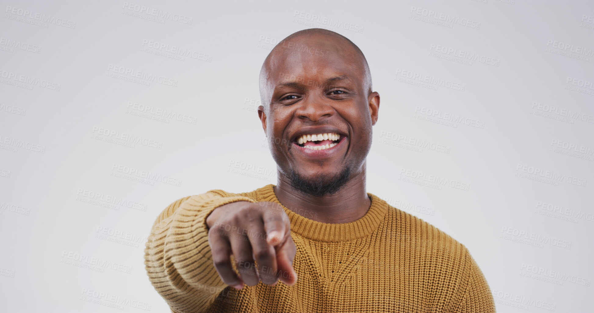 Buy stock photo Pointing, you and portrait of black man in studio with smile for selection, decision and choice for winner. Mockup space, happy and person with emoji, gesture and finger for vote on white background