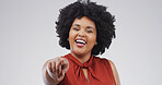 Pointing, you and portrait of black woman in studio with smile for selection, decision and choice for winner. Mockup space, happy and person with emoji, gesture or finger to vote on white background