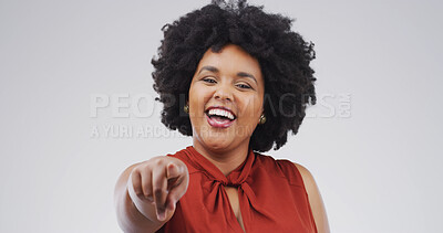 Buy stock photo Pointing, you and portrait of black woman in studio with smile for selection, decision and choice for winner. Mockup space, happy and person with emoji, gesture or finger to vote on white background