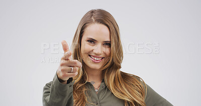Buy stock photo Pointing, you and portrait of woman in studio for choice, encouragement and decision for winner. Happy, mockup space and person with finger, gesture and smile for selection on white background