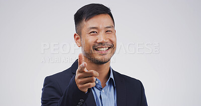 Buy stock photo Happy businessman, finger gun and studio for point at you in portrait, sign or choice on white background. Person, HR manager and face for decision, smile or recruitment with mockup space in Cambodia
