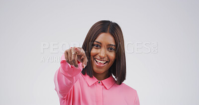 Buy stock photo Portrait, pointing to you and woman in studio, funny and encouragement on white background. Mockup space, smile and person with happiness, selection and decision with choice, support and opportunity