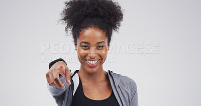 Buy stock photo African woman, happy and point at you in studio portrait, choice or fitness with mockup space on white background. Girl, personal trainer and gesture for gym sign up, registration and smile in Kenya