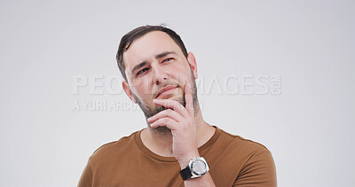 Buy stock photo Planning, thinking and question with man on studio space for brainstorming, contemplation or solution. Ideas, problem solving and why with person isolated on white background for choice or decision