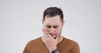 Buy stock photo Studio, thinking and man with question, unsure or facial expression for doubt, confused or decision. Contemplating, serious and person with gesture for memory loss, uncertain and white background