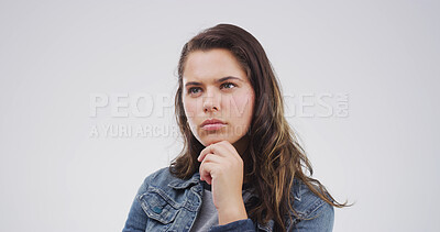 Buy stock photo Face, ideas and thinking with woman on studio space for brainstorming, planning or problem solving. Solution, question and vision with person isolated on white background for thoughtful contemplation