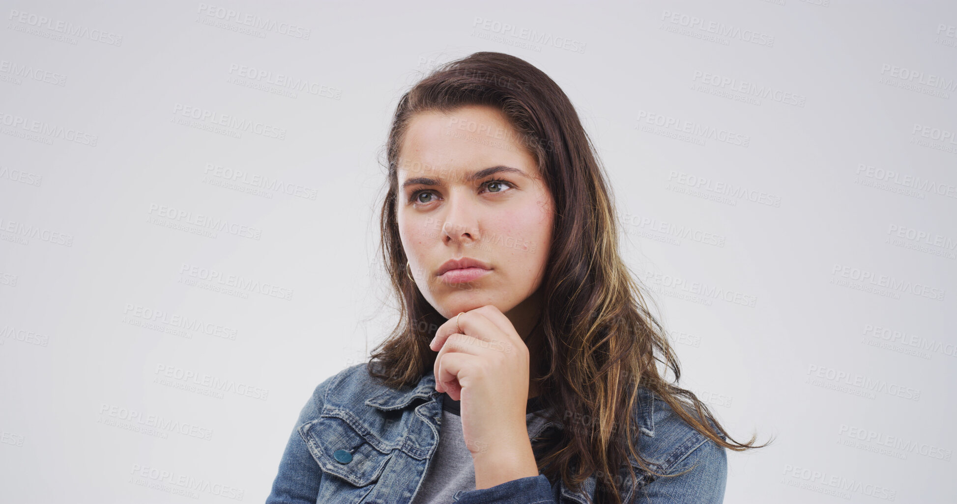 Buy stock photo Face, ideas and thinking with woman on studio space for brainstorming, planning or problem solving. Solution, question and vision with person isolated on white background for thoughtful contemplation