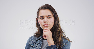 Buy stock photo Face, thinking and why with woman on studio space for brainstorming, contemplation or wonder. Decision, ideas and planning with face of person isolated on white background for thought or vision