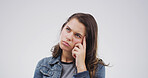 Ideas, thinking and question with woman on studio space for brainstorming, planning or problem solving. Face, solution and vision with person isolated on white background for thoughtful contemplation