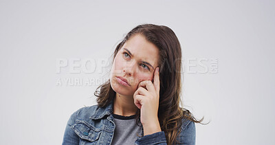Buy stock photo Ideas, thinking and question with woman on studio space for brainstorming, planning or problem solving. Face, solution and vision with person isolated on white background for thoughtful contemplation