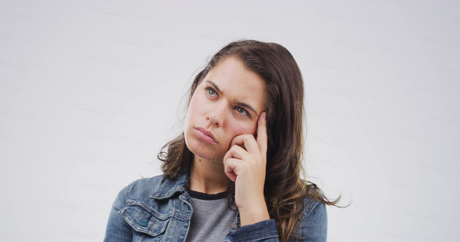 Buy stock photo Ideas, thinking and question with woman on studio space for brainstorming, planning or problem solving. Face, solution and vision with person isolated on white background for thoughtful contemplation