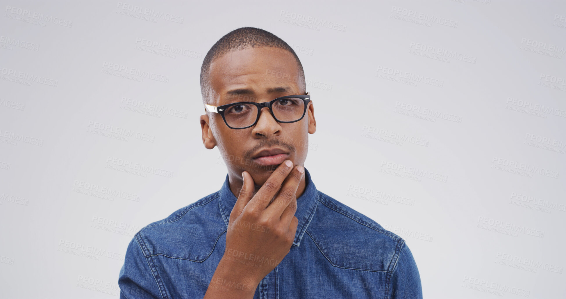 Buy stock photo Portrait, thinking and black man with question in studio for why, suspicious and solution to doubt. Mockup space, person and wondering on white background for fake news gossip, uncertain and puzzled