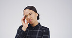 Thinking, doubt and woman in studio, decision and contemplation on white background. Uncertain, space and person with choice, confused and problem solving with option, unsure and selection with ideas