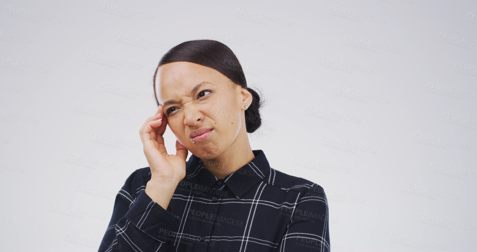 Buy stock photo Thinking, doubt and woman in studio, decision and contemplation on white background. Uncertain, space and person with choice, confused and problem solving with option, unsure and selection with ideas