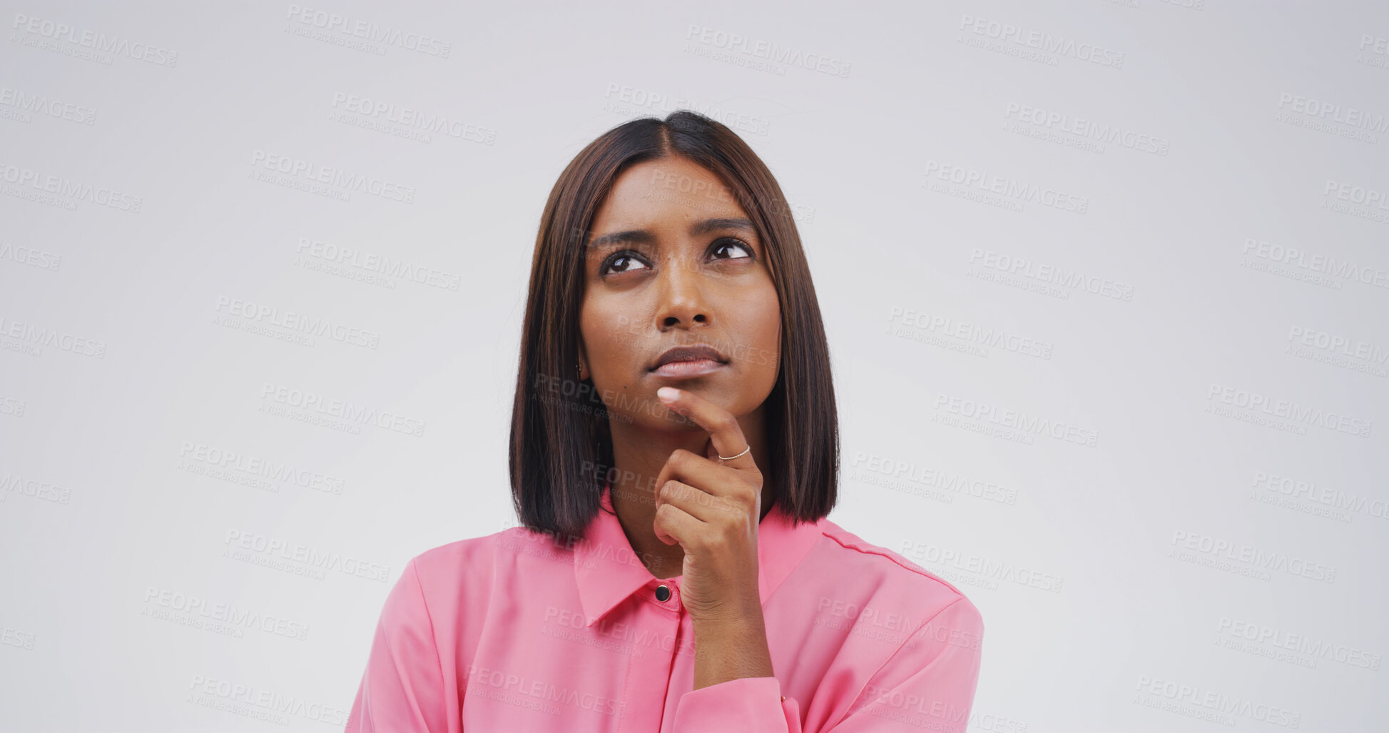 Buy stock photo Ideas, thinking and question with woman on studio space for brainstorming, contemplation or wonder. Choice, decision and planning with face of Indian person isolated on white background for vision