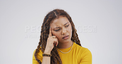 Buy stock photo Confused, thinking and woman with question in studio for why, brainstorming and solution to doubt. Mockup space, person and wondering on white background for problem solving, contemplating and unsure