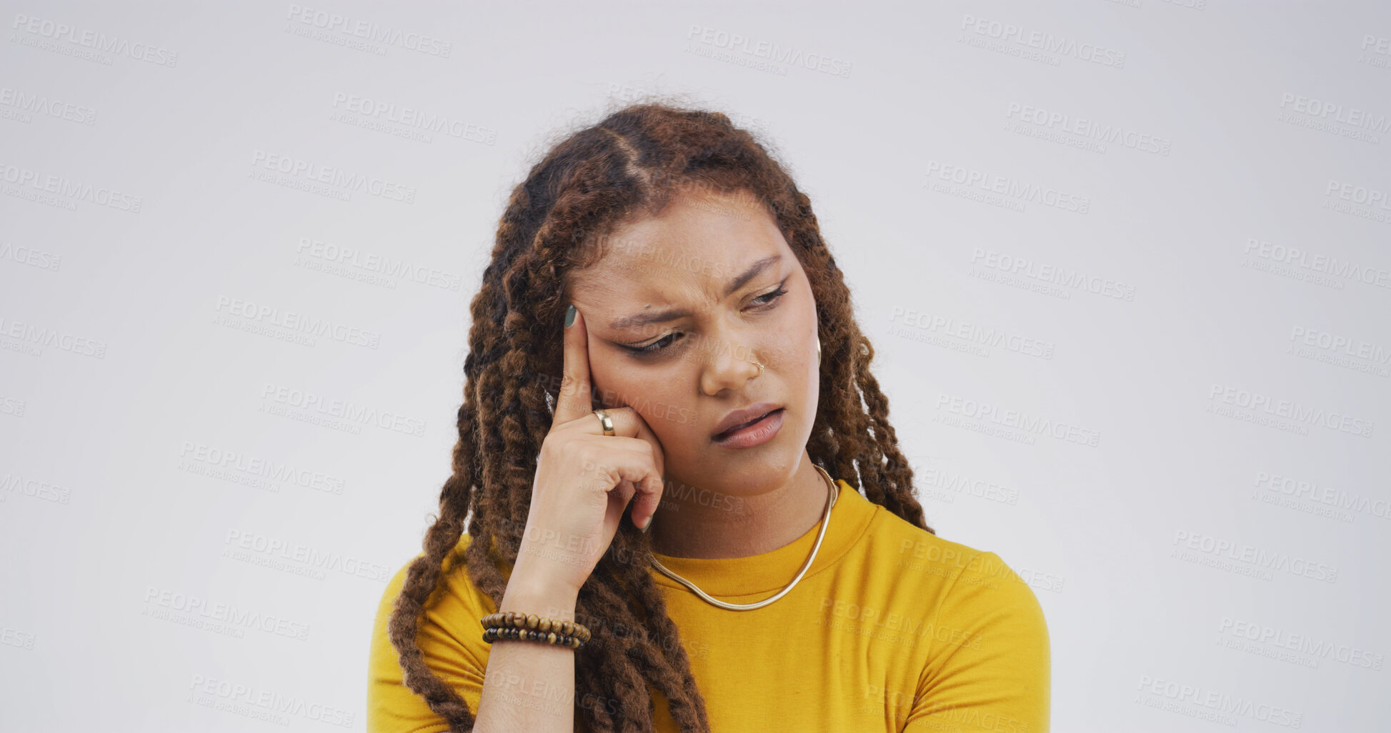 Buy stock photo Confused, thinking and woman with question in studio for why, brainstorming and solution to doubt. Mockup space, person and wondering on white background for problem solving, contemplating and unsure