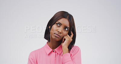 Buy stock photo Thinking, woman and choice in studio for problem solving, solution ideas and doubt question. Space, female person and brainstorming with options, planning and unsure with decision on white background