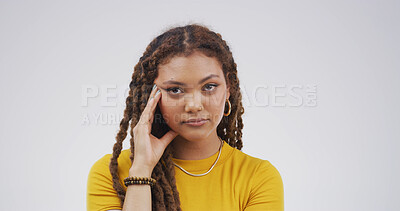 Buy stock photo African woman, portrait and frustrated with anger for whatever, deny or expression on white background. Strict, annoyed and person with attitude in studio for disappointed or negative behavior