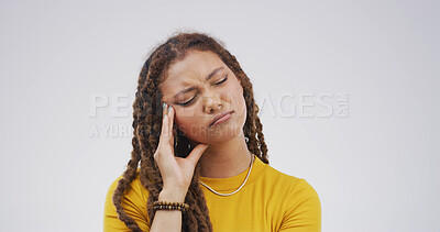 Buy stock photo Headache, pain and stress with woman on studio space for discomfort or medical condition. Anxiety, burnout and migraine with African person isolated on white background for exhaustion or fatigue