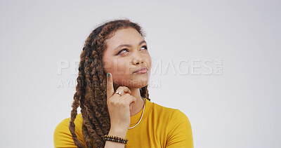 Buy stock photo Decision, ideas and why with woman on studio space for brainstorming, contemplation or wonder. Choice, planning and thinking with face of person isolated on white background for thought or vision