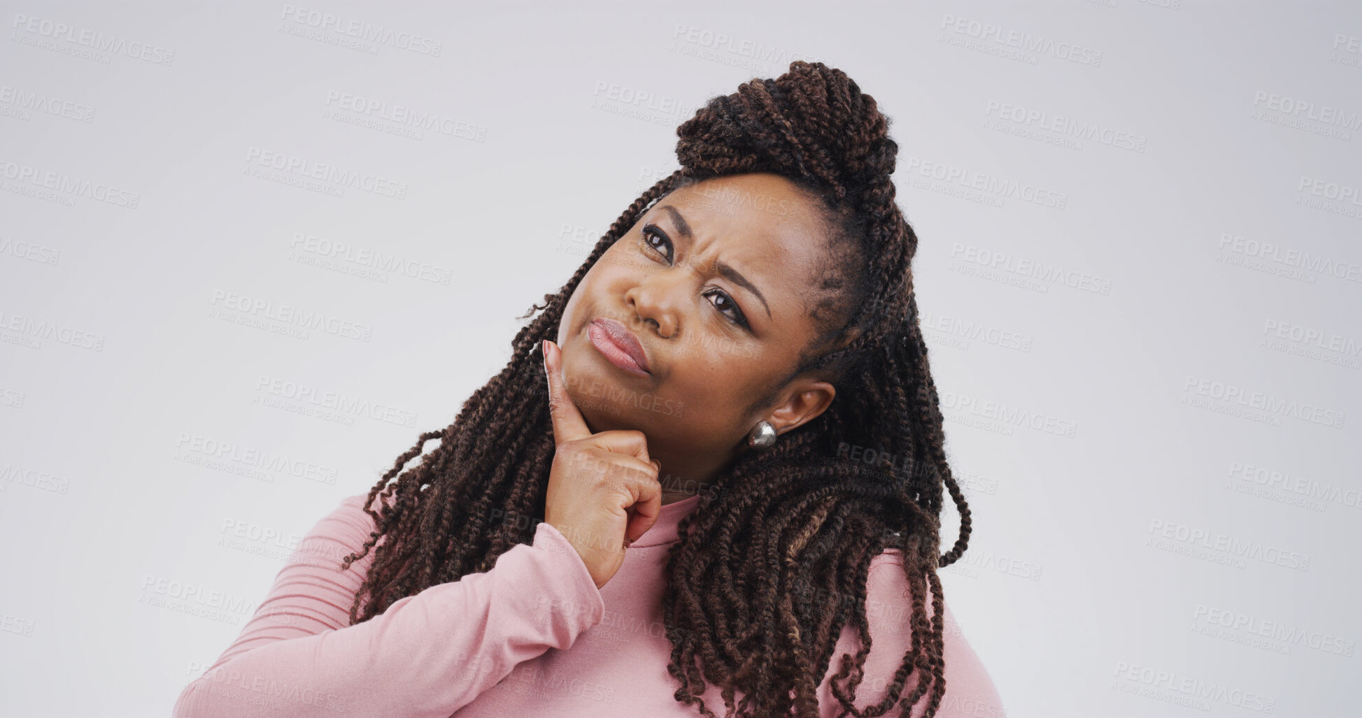 Buy stock photo African woman, thinking and choice in studio for problem solving, solution and doubt question. Space, female person and guess reaction for ideas, planning and unsure with decision on white background