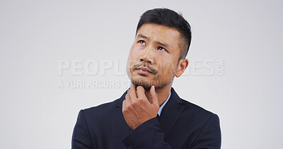 Buy stock photo Businessman, thinking and decision for career in studio, insight or solution on white background. Person, corporate lawyer and attorney with perspective, problem solving and mindset with mockup space
