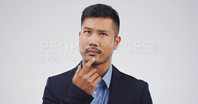 Buy stock photo Businessman, thinking and decision in studio, insight and problem solving on white background. Asian person, corporate lawyer and attorney with perspective, solution and mockup space for legal career