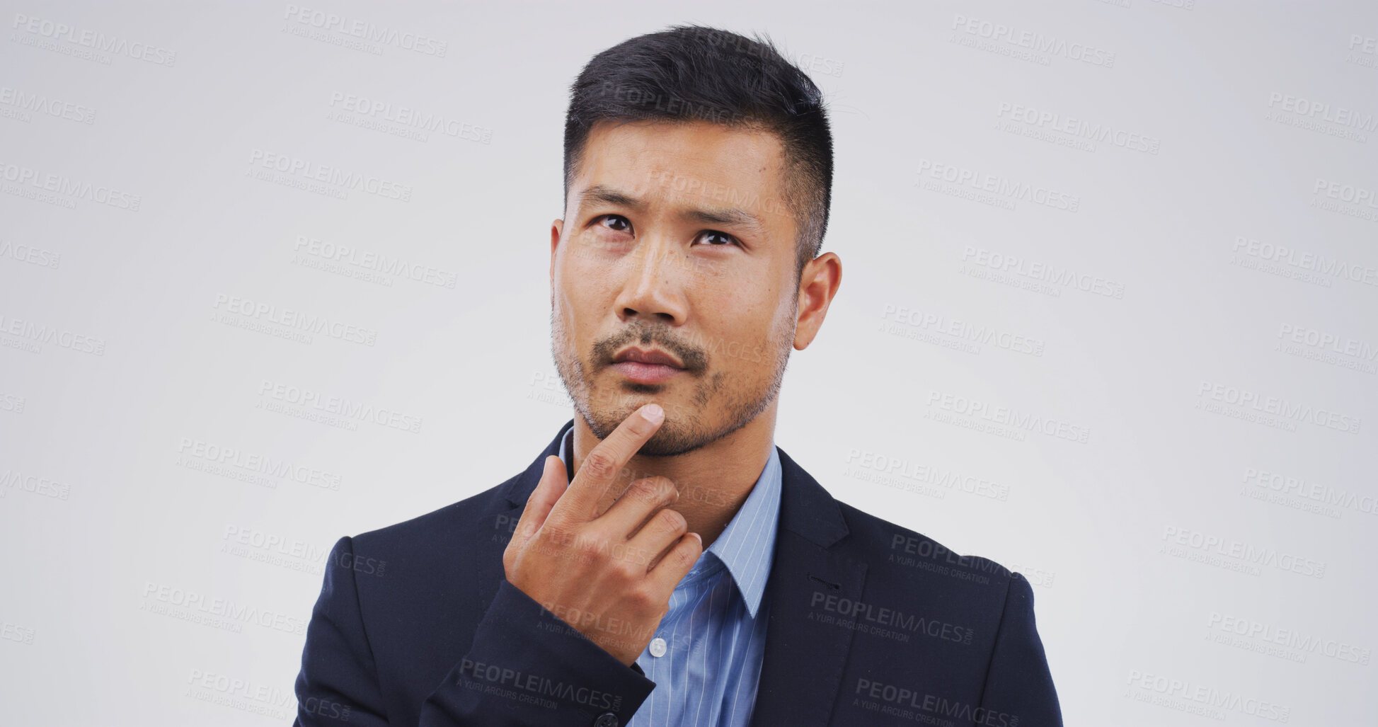 Buy stock photo Businessman, thinking and decision in studio, insight and problem solving on white background. Asian person, corporate lawyer and attorney with perspective, solution and mockup space for legal career