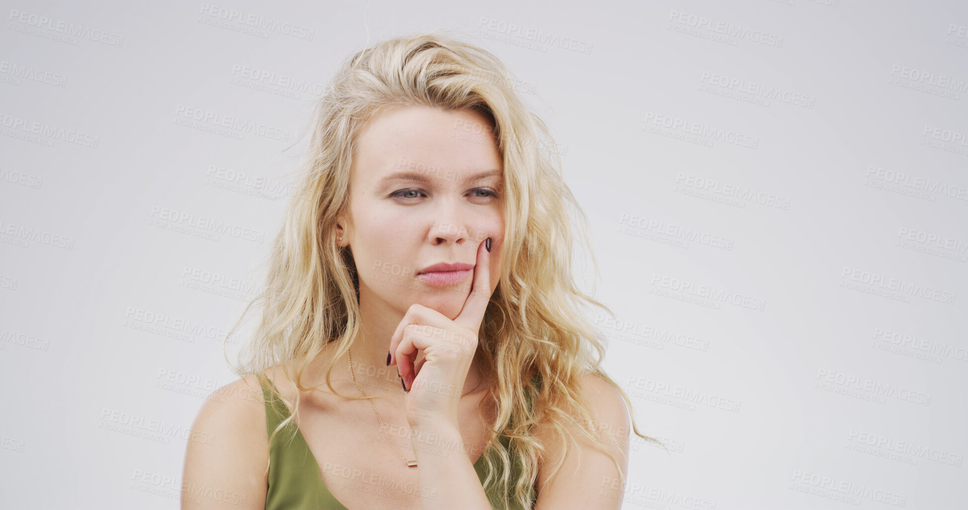 Buy stock photo Thinking, confused and woman in studio, choice and contemplation on white background. Person, uncertain or problem solving with doubt, decision or wonder with solution, options and brainstorming