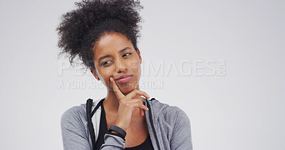 Buy stock photo Thinking, ideas and black woman in studio, decision and contemplation on white background. Opportunity, space and person with planning, choice and problem solving with option, puzzled and selection