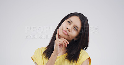 Buy stock photo Thinking, remember and woman in studio, decision and selection on white background. Opportunity, space and person with planning, choice and problem solving with option, puzzled or contemplation