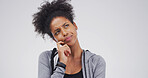 African woman, thinking and ideas in studio for problem solving, solution and doubt question. Space, person and pensive expression for confusion, planning and unsure with decision on white background