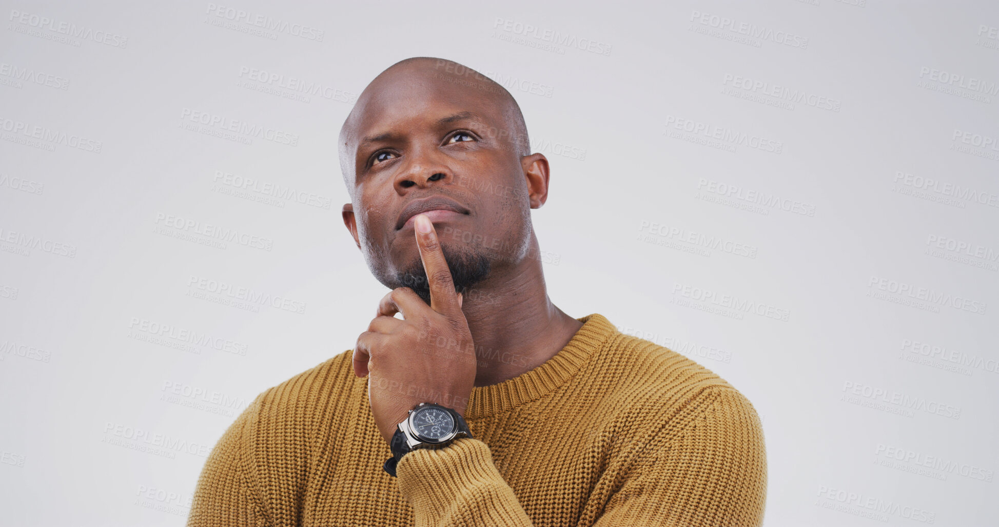 Buy stock photo Thinking, black man and ideas in studio for options, solution choice and doubt question. Space, ale person and wonder expression with reflection, planning and unsure with decision on white background