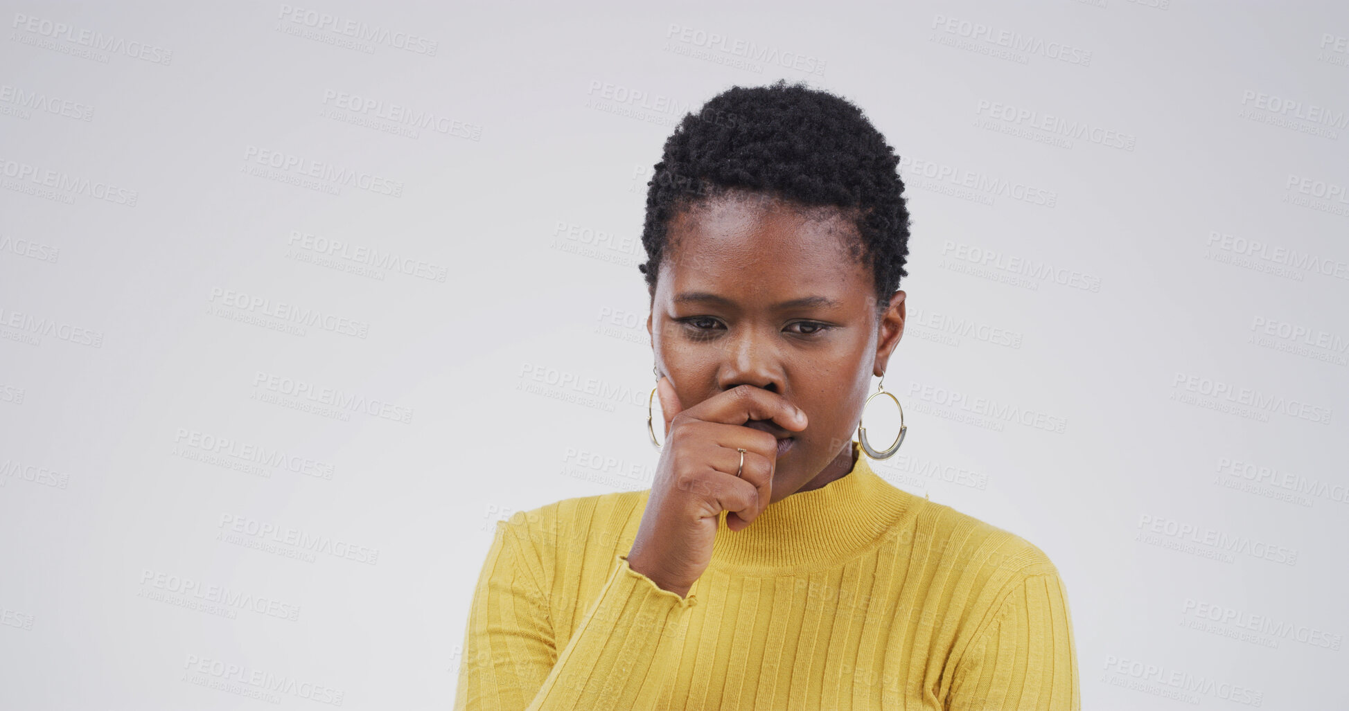 Buy stock photo Thinking, ideas and black woman in studio with uncertain for decision, brainstorming or question. Choice, mockup space and African person with problem solving, planning or doubt by white background.