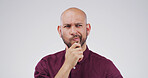 Thinking, question and why with man on studio space for brainstorming, contemplation or solution. Ideas, planning and problem solving with person isolated on white background for choice or decision