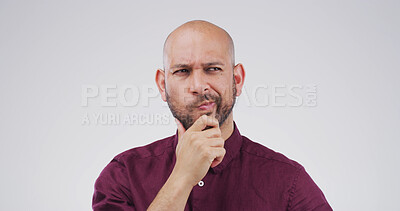Buy stock photo Thinking, question and why with man on studio space for brainstorming, contemplation or solution. Ideas, planning and problem solving with person isolated on white background for choice or decision