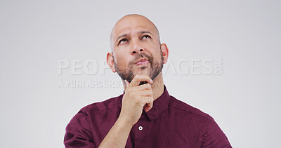 Buy stock photo Thinking, man and ideas in studio for options, solution choice and doubt question. Space, male person and pensive expression to consider, planning future and unsure with decision on white background