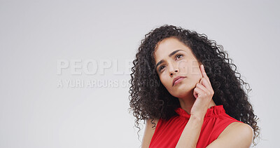 Buy stock photo Woman, thinking and decision in studio with mock up space, confused or doubt on white background. Person, perspective and insight for option, solution or choice with mindset for problem solving