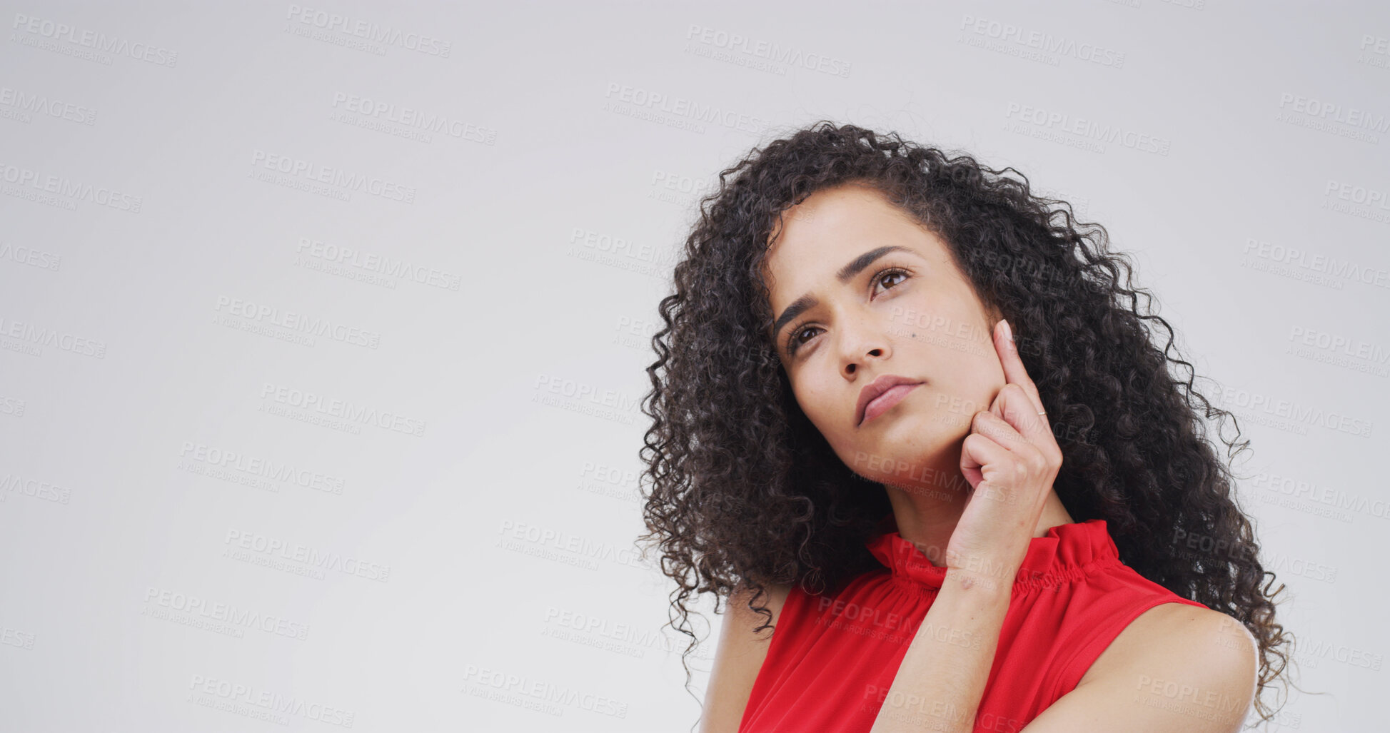 Buy stock photo Woman, thinking and decision in studio with mock up space, confused or doubt on white background. Person, perspective and insight for option, solution or choice with mindset for problem solving