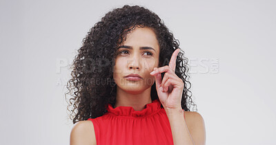 Buy stock photo Thinking, ideas and woman in studio, questions and contemplation on white background. Opportunity, space and person with planning, choice and problem solving with decision, brainstorming or selection